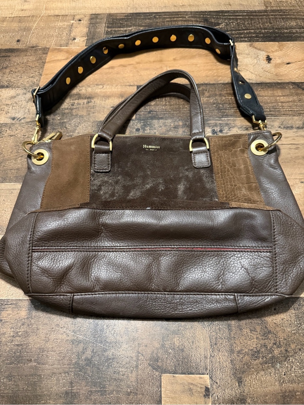 Hammitt Brown Mixed Material Shoulder Bag with Signature Studded Guitar Strap - Picture 4 of 14